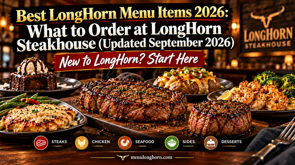 Best LongHorn Menu Items 2026 guide featuring steak, chicken, shrimp, baked potato, sides, and dessert with the heading “What to Order at LongHorn Steakhouse (Updated September 2026)”