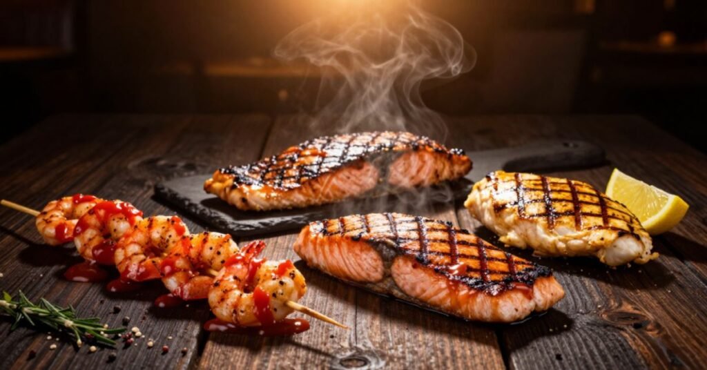 LongHorn Steakhouse healthiest entrees Redrock Grilled Shrimp, Bourbon Salmon and Lemon Garlic Chicken
