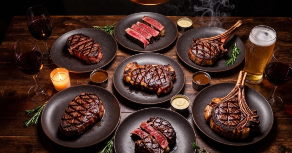 All LongHorn Steakhouse Legendary Steaks on one table -- Renegade Sirloin, Flo's Filet, New York Strip, Ribeye, T-Bone, Outlaw Ribeye and Porterhouse with sauces and drinks