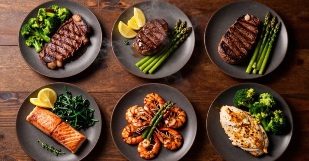 LongHorn Steakhouse keto meal options sirloin, filet, New York Strip, grilled shrimp, salmon and lemon garlic chicken with low carb sides