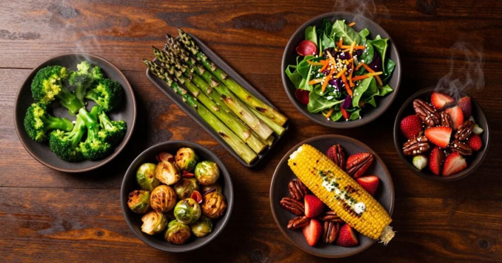 LongHorn Steakhouse healthiest side dishes steamed broccoli, asparagus, mixed greens, Brussels sprouts and grilled corn arranged on dark rustic table