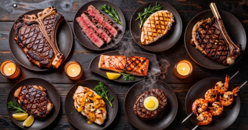 LongHorn Steakhouse highest protein menu items ranked Porterhouse, T-Bone, New York Strip, salmon, chicken and grilled shrimp with protein and calorie comparison